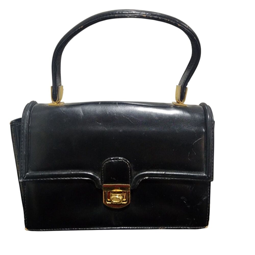 Vintage Tano Black Leather Top Handle Handbag Gold Hardware Made in Spain‎